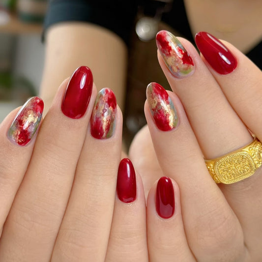 Glamorous Elegance Medium Almond Deep Red and Colorful Marble Accent Press On Nail Set