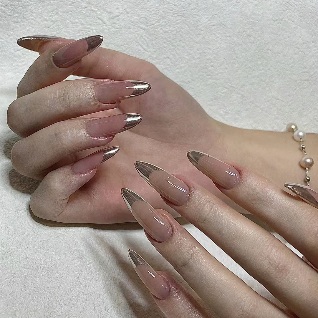Glamourous Elegance Long Almond Blush Pink with Metallic Tips Press On Nail Set
