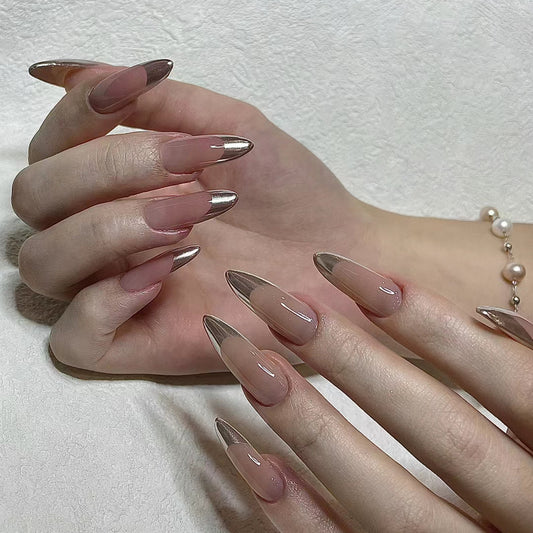 Glamourous Elegance Long Almond Blush Pink with Metallic Tips Press On Nail Set