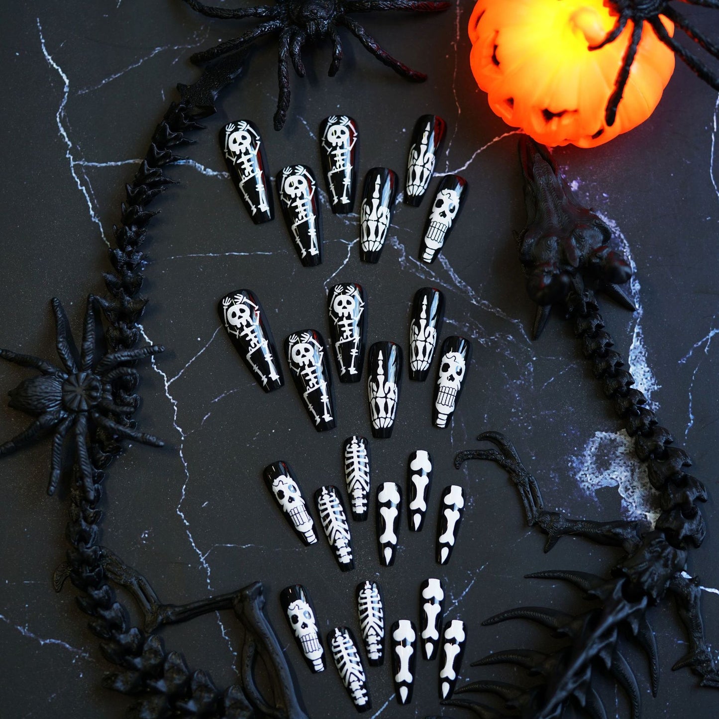 Spooky Skeleton Art Long Coffin Black and White Press On Nail Set with Unique Skull and Bone Designs