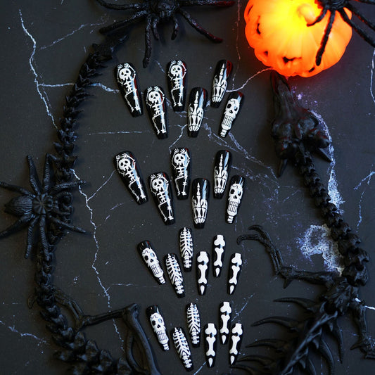 Spooky Skeleton Art Long Coffin Black and White Press On Nail Set with Unique Skull and Bone Designs
