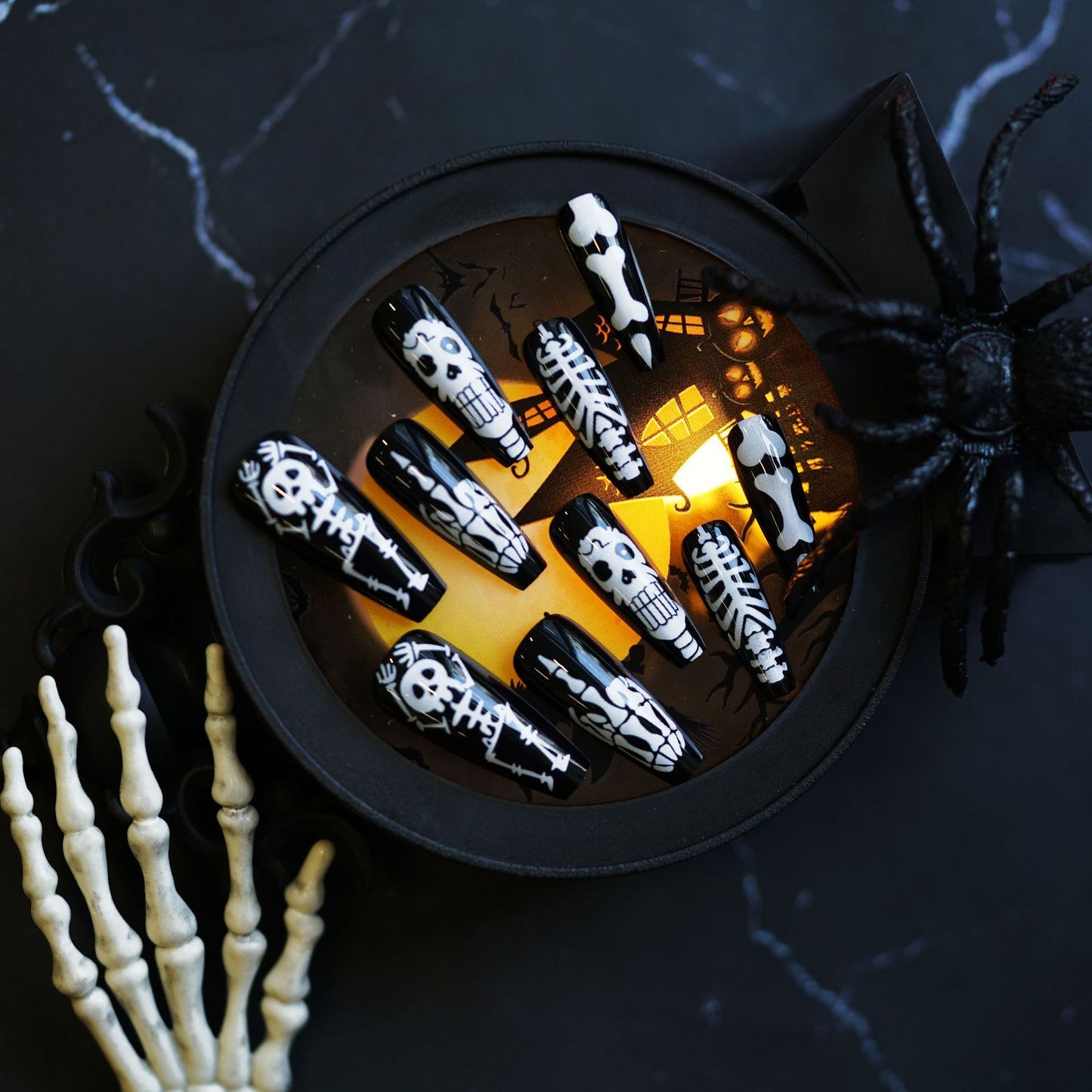 Spooky Skeleton Press On Nail Set Long Coffin Black and White with Unique Edgy Design