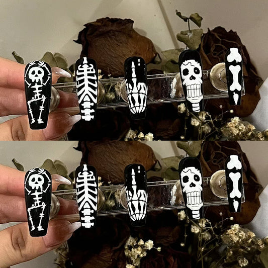 Spooky Skeleton Themed Long Coffin Press On Nails Black and White Unique Design for Halloween