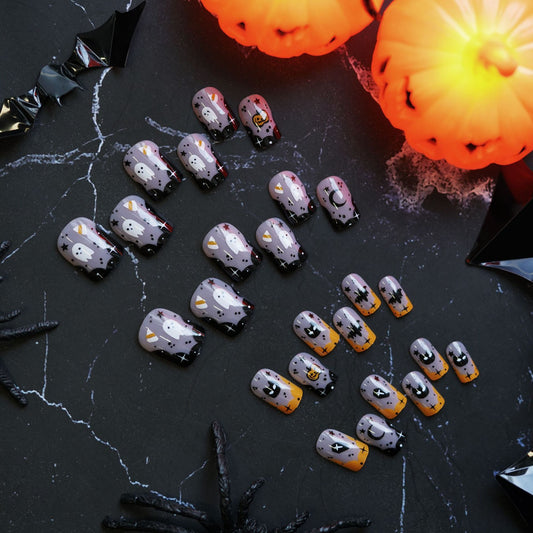 Spooky Halloween Press On Nail Set Medium Oval Purple and Orange with Ghosts and Black Cats Design