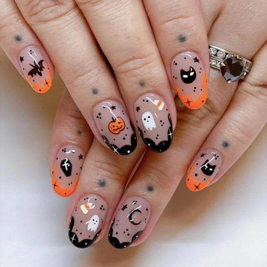 Halloween Magic Medium Oval Orange and Black Press On Nail Set with Ghosts and Pumpkins Design