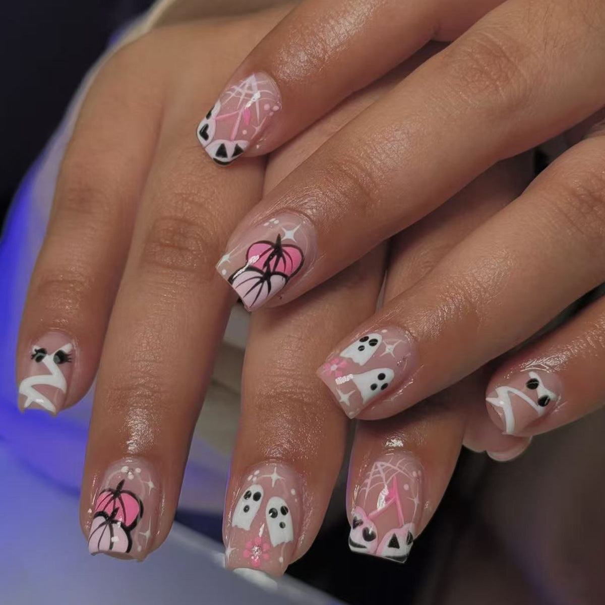 Spooky Vibes Long Square Pink and White Ghostly Design Press On Nail Set