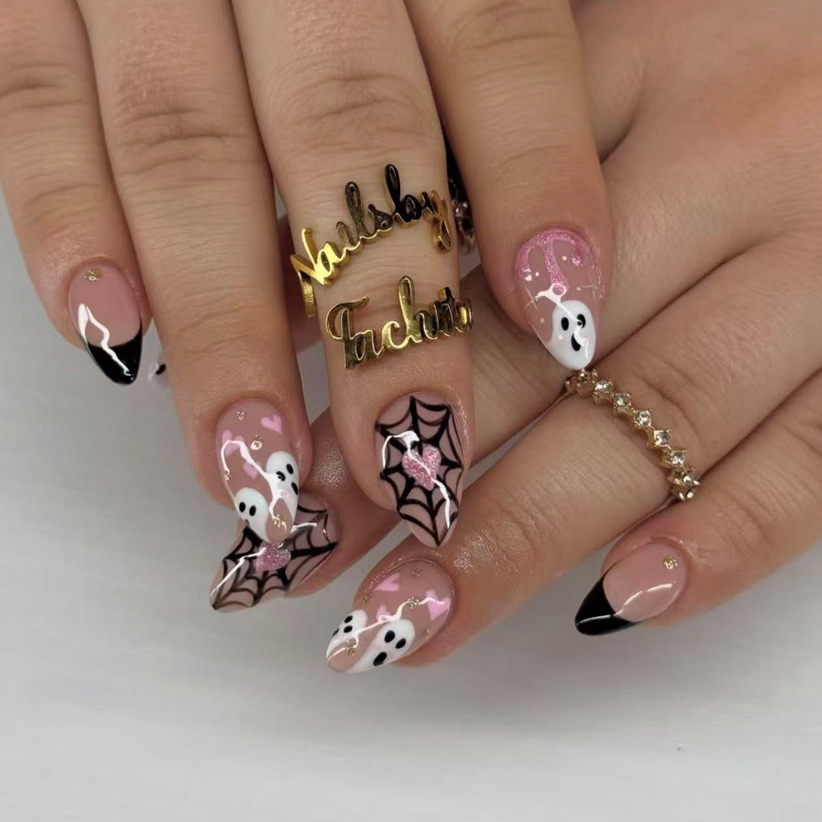 Spooky Elegance Medium Almond Pink and Black Ghost Design Press On Nail Set