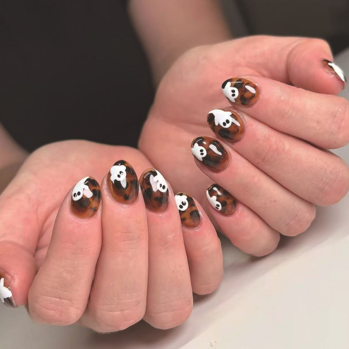 Spooky Vibes Short Oval Brown with Cute Ghost Design Press on Nail Set