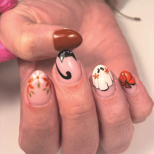 Spooky Autumn Short Almond Orange and Ghost Themed Press On Nail Set