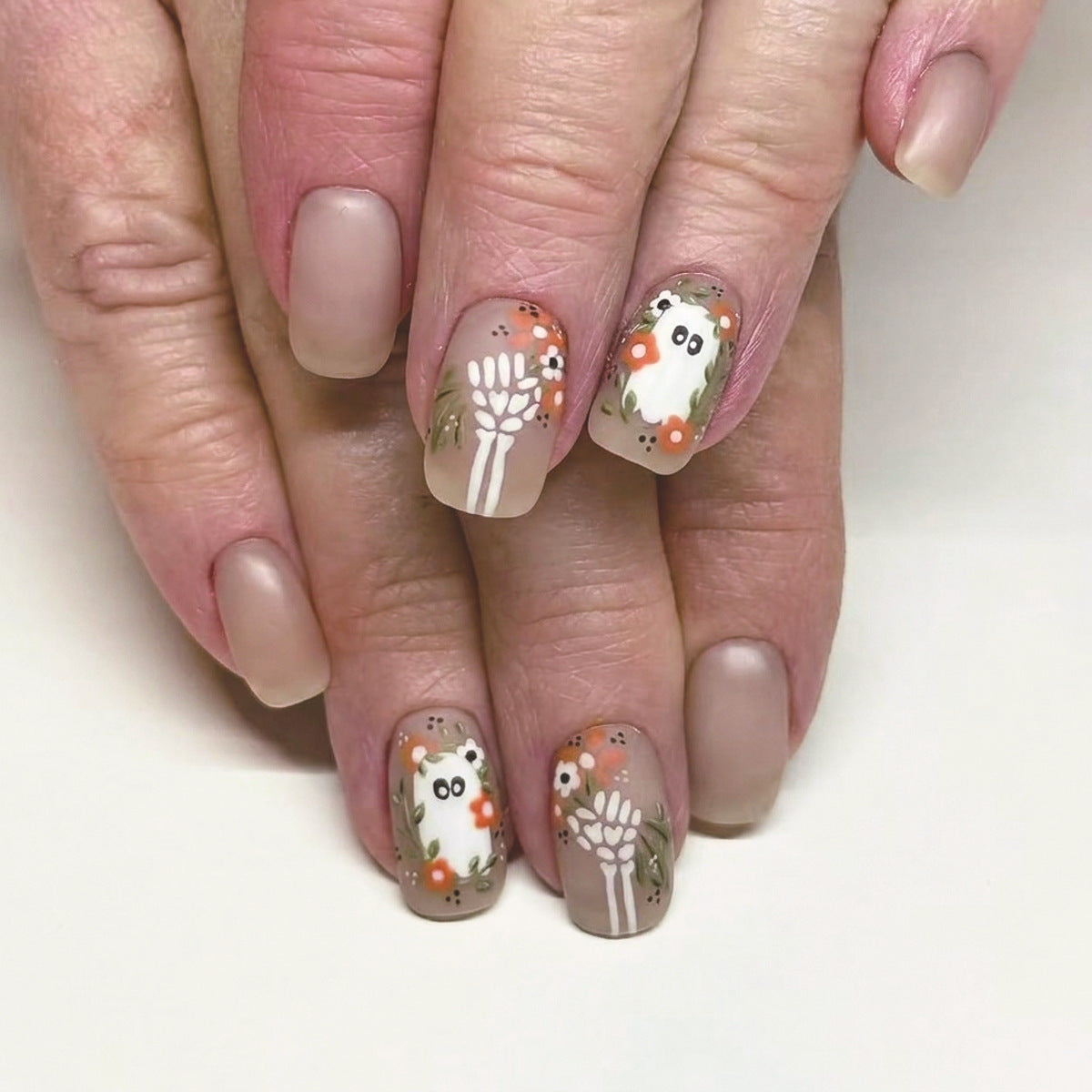 Autumn Enchantment Short Square Beige with Playful Owl Design Nail Set