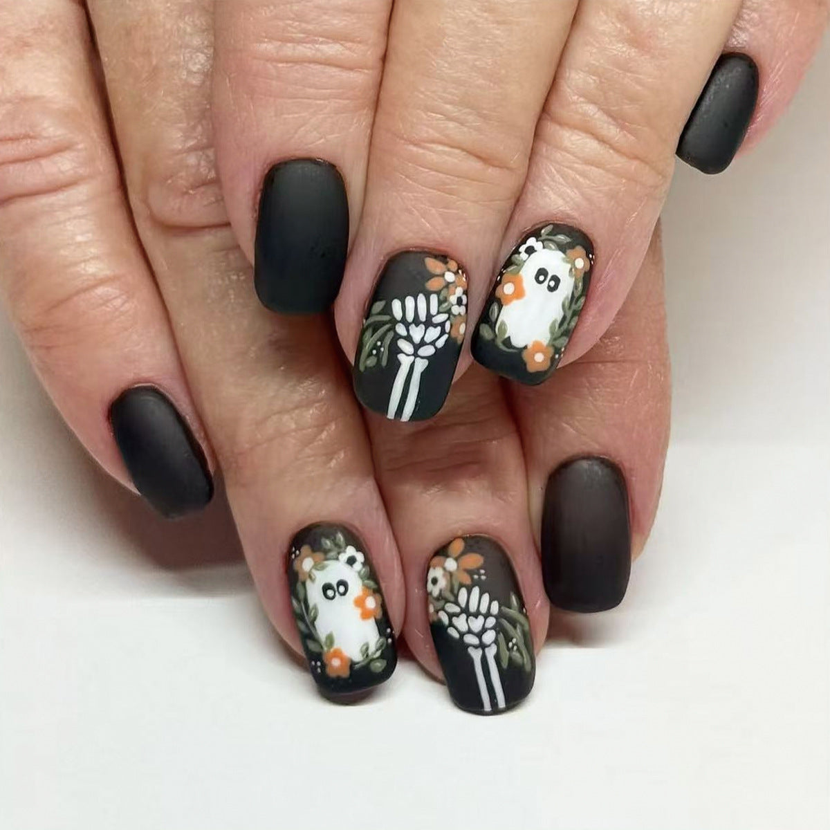 Spooky Floral Medium Square Black Matte Press on Nail Set with Ghostly Artwork