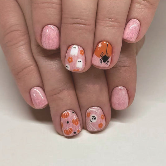Spooky Halloween Medium Square Pink Press on Nail Set with Fun Ghost and Pumpkin Designs