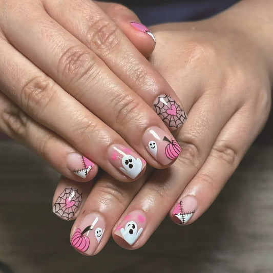 Spooky Vibes Medium Square Pink Ghost Nail Set with Unique Halloween Designs
