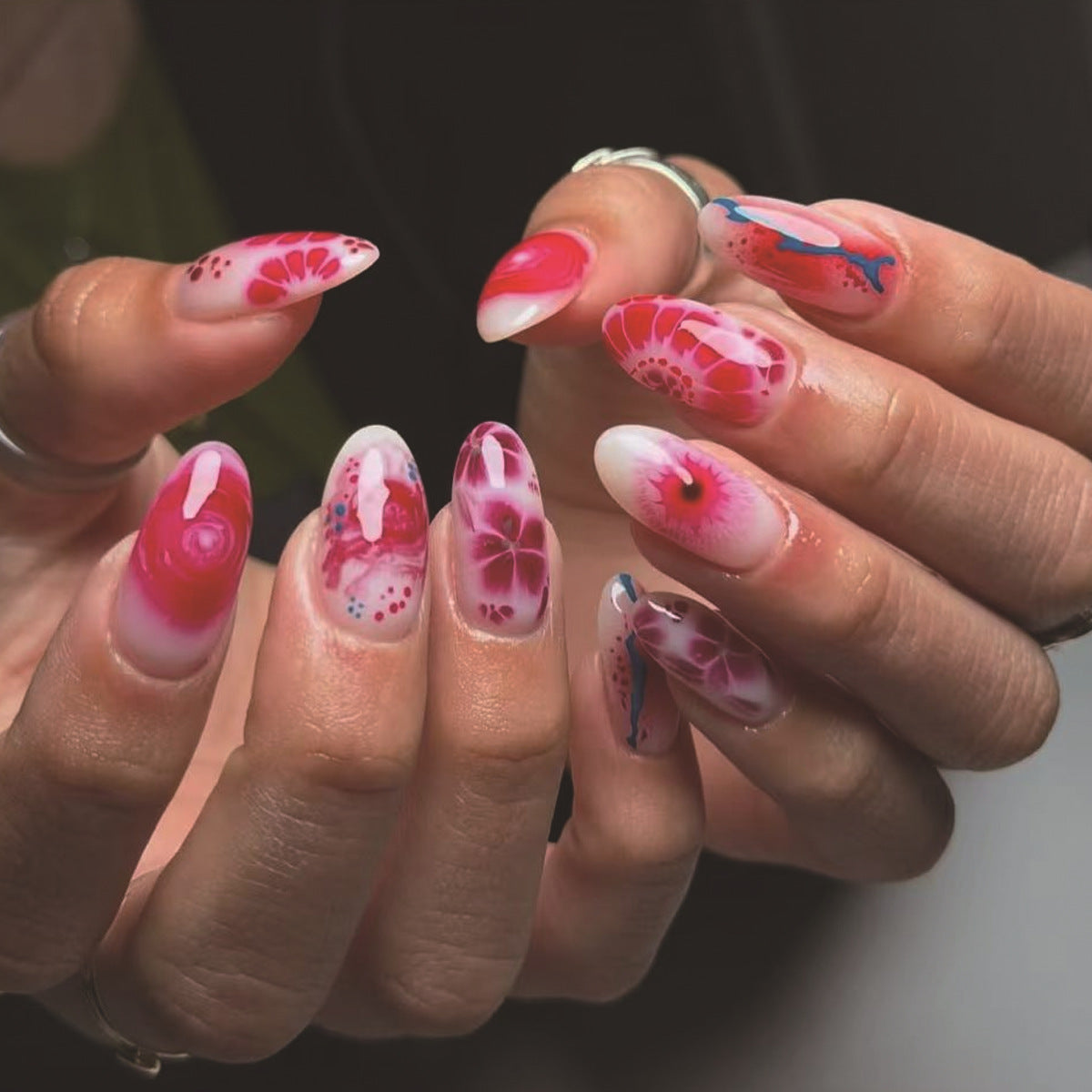 Blooming Floral Medium Almond Pink Press On Nail Set with Unique Watercolor Design