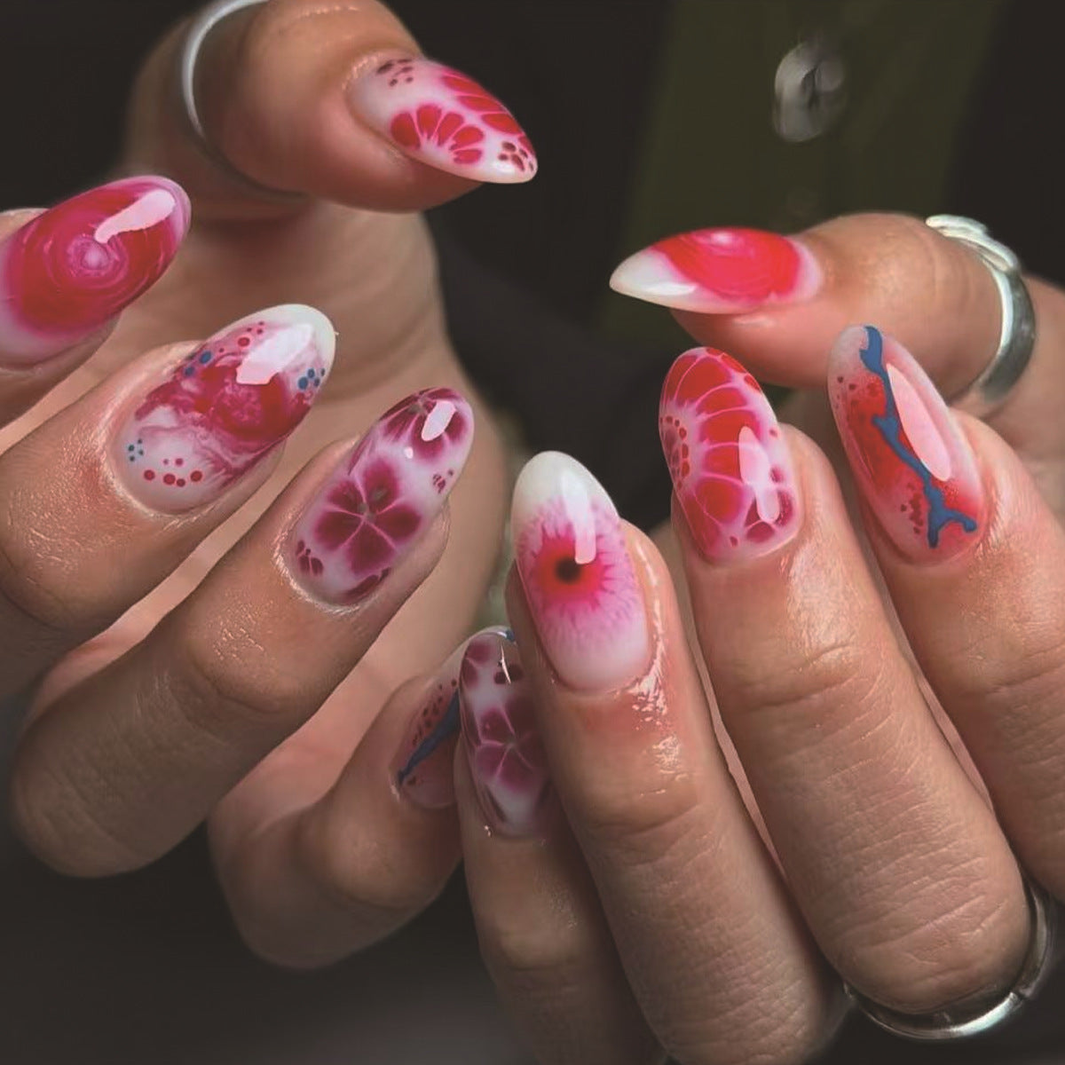 Whimsical Blossom Medium Almond Pink Floral Press On Nail Set