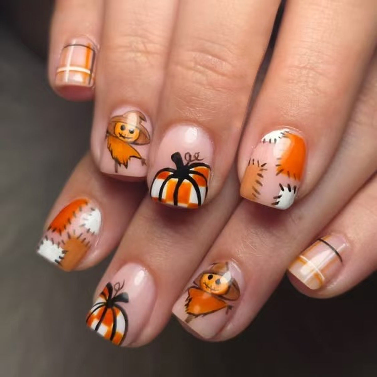 Autumn Harvest Short Square Orange Press on Nail Set with Whimsical Pumpkin Design