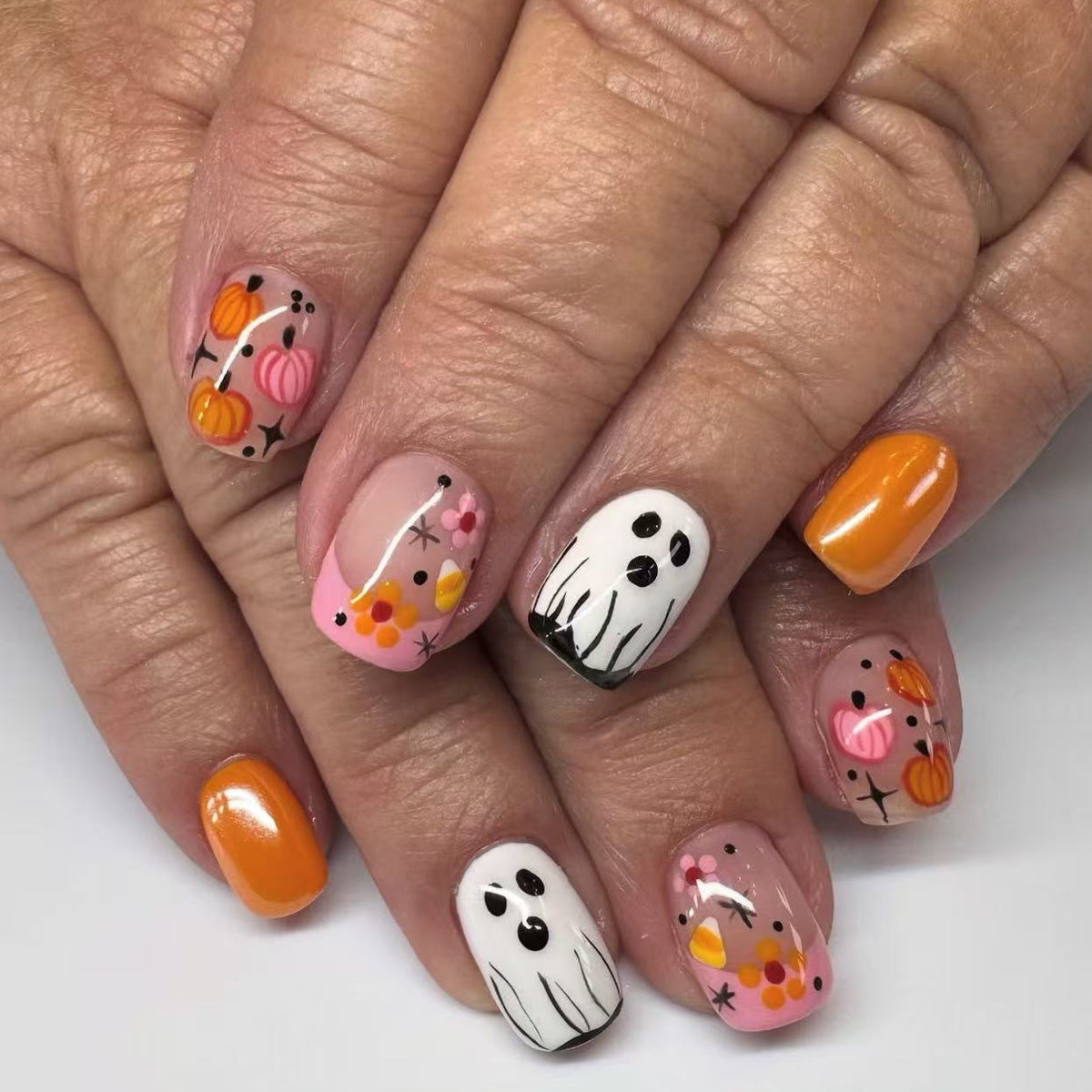 Spooky Halloween Short Square Orange Ghost Nail Press Set with Colorful Pumpkin Design