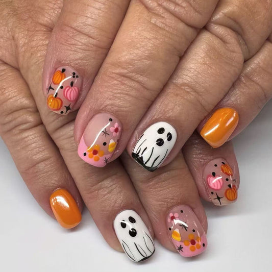 Spooky Halloween Short Square Orange Ghost Nail Press Set with Colorful Pumpkin Design