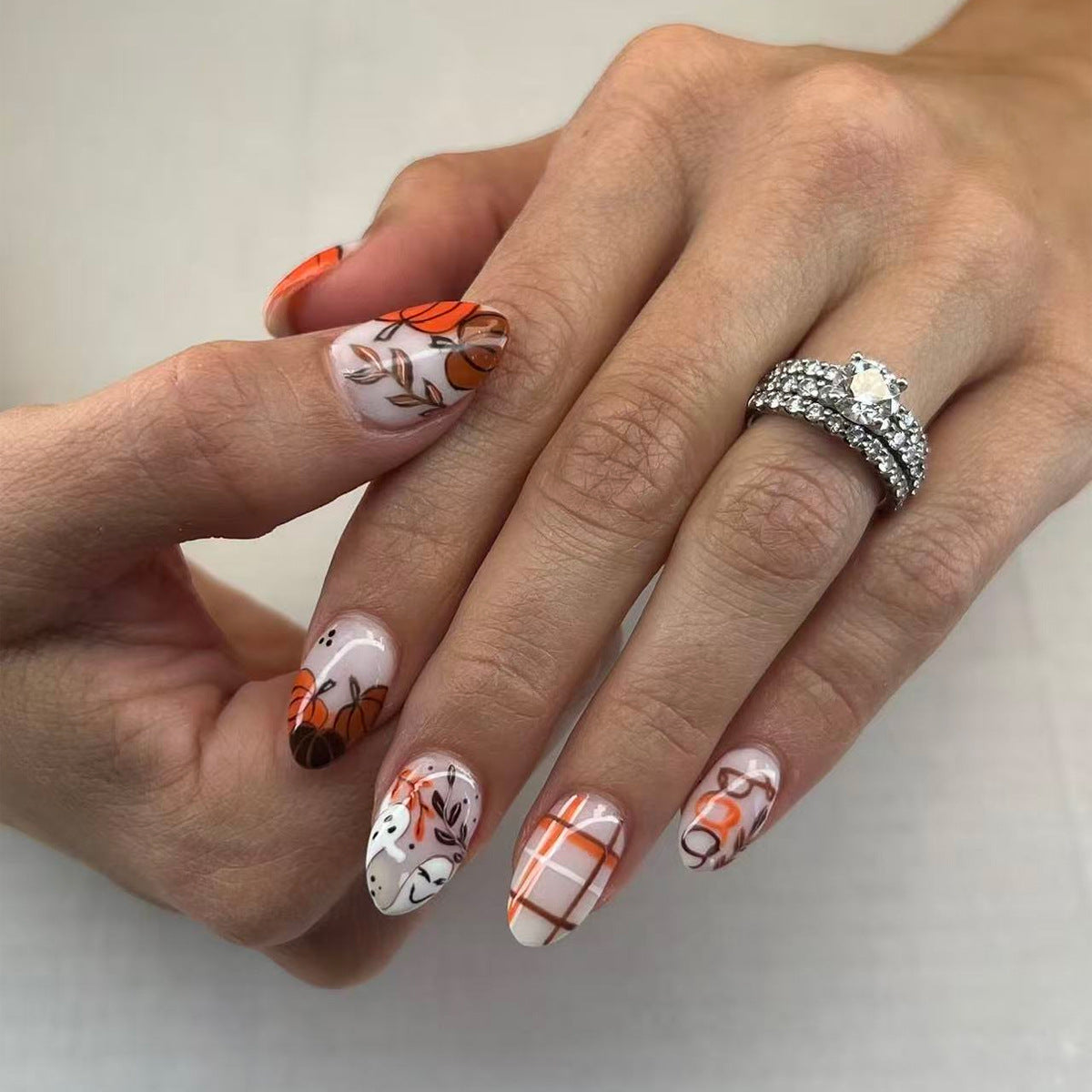 Autumn Floral Medium Almond Orange Gradient Press On Nail Set