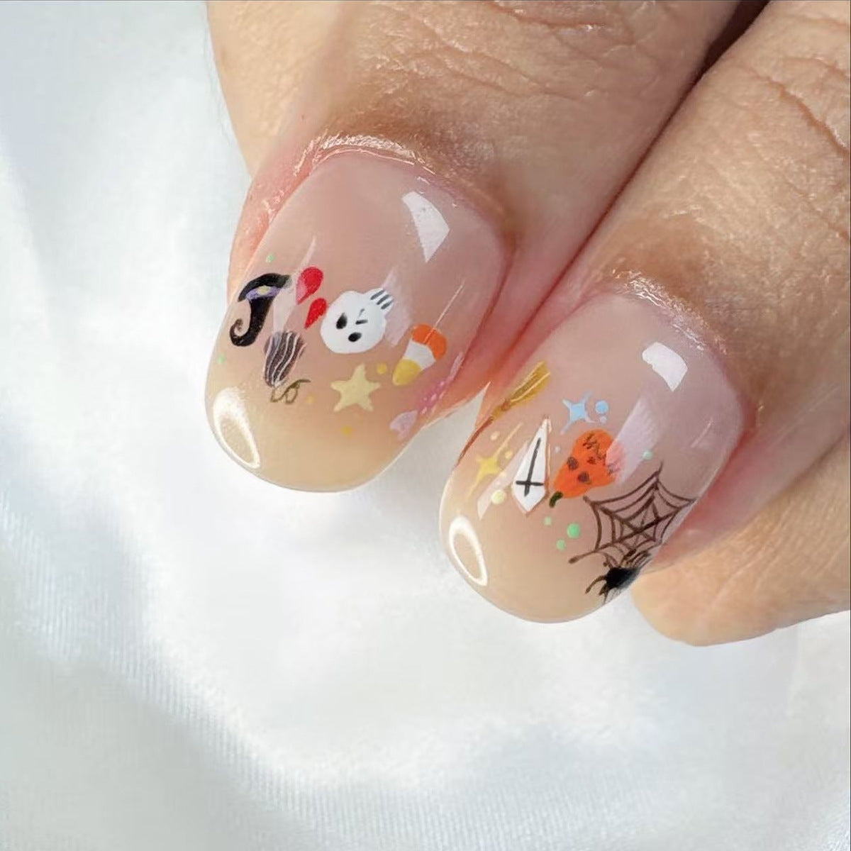 Spooky Themes Short Round Clear Base with Fun Halloween Designs Press on Nail Set