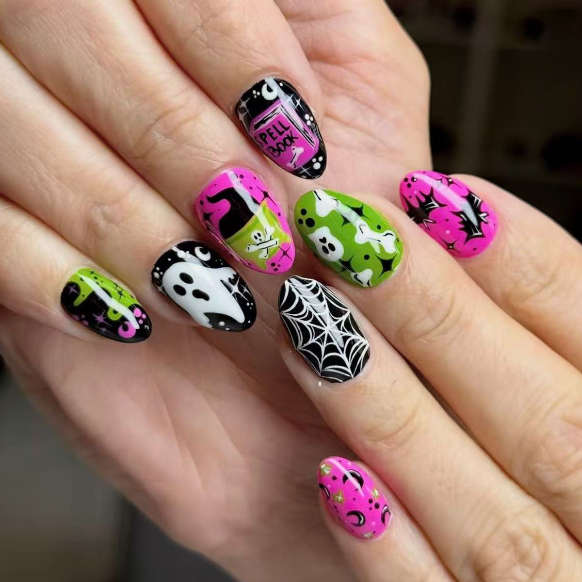 Spooky Glam Medium Almond Colorful Halloween Design Press On Nail Set