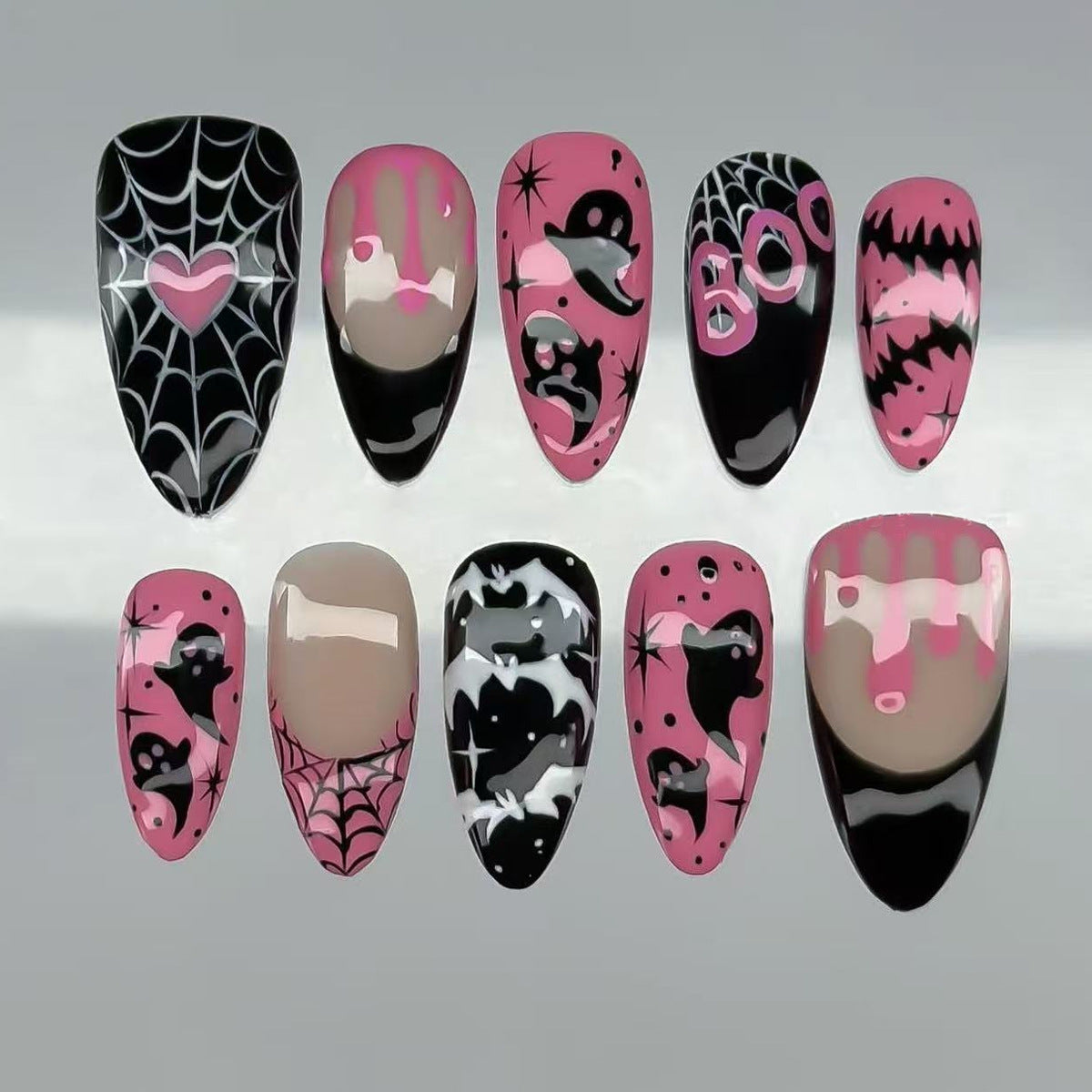 Spooky Halloween Medium Almond Pink with Ghost and Spider Web Designs Press-On Nail Set