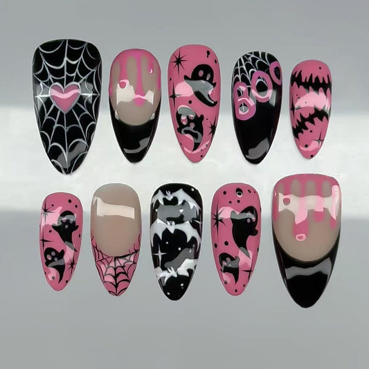 Spooky Halloween Medium Almond Pink with Ghost and Spider Web Designs Press-On Nail Set
