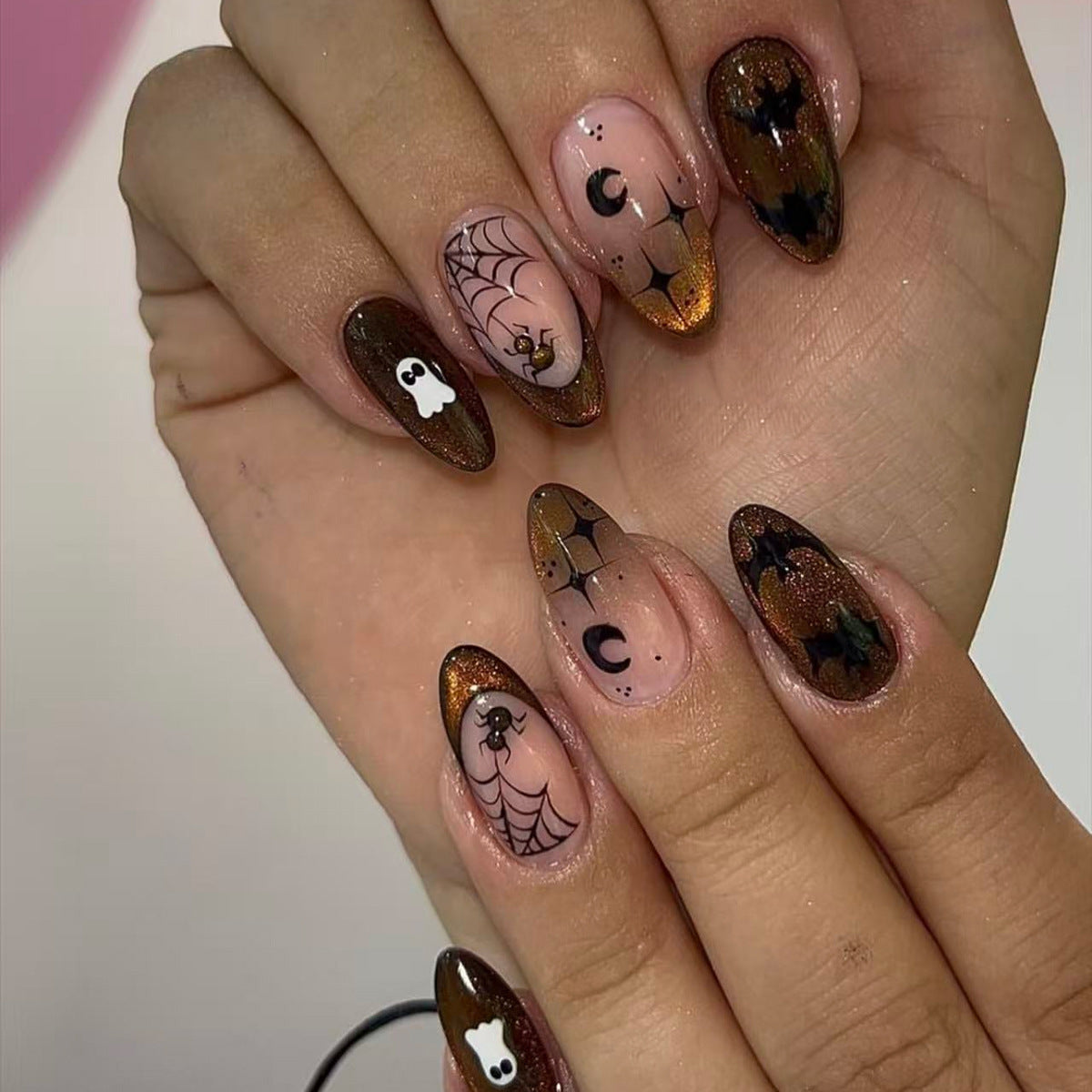 Spooky Autumn Medium Almond Brown Glitter Press On Nail Set with Haunted Designs