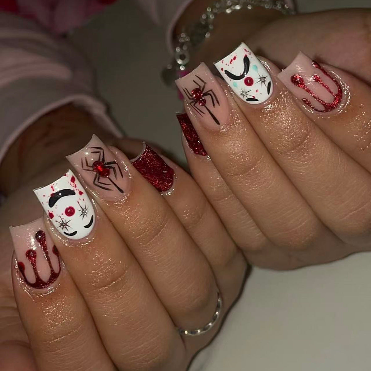 Spooky Glamour Medium Square Red Glitter and Spider Nail Set
