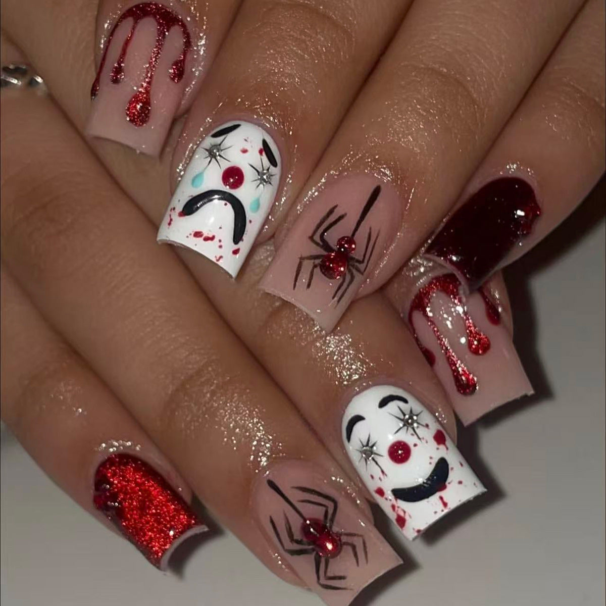Spooky Glam Medium Square Red Dripping Vampire Nails Press On Set
