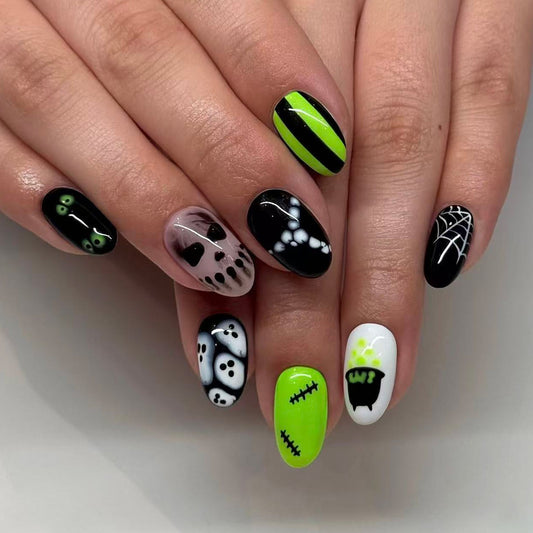 Spooky Medium Oval Green Glow Press On Nail Set
