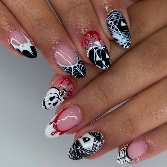 Spooky Medium Oval Black and White Spider Web Design Press On Nail Set