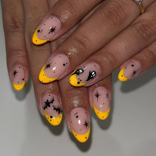 Spooky Vibes Medium Oval Yellow with Starry Night Design Press On Nail Set