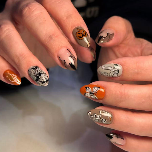 Spooky Autumn Themed Medium Almond Orange and Black Halloween Nail Set with Intricate Designs