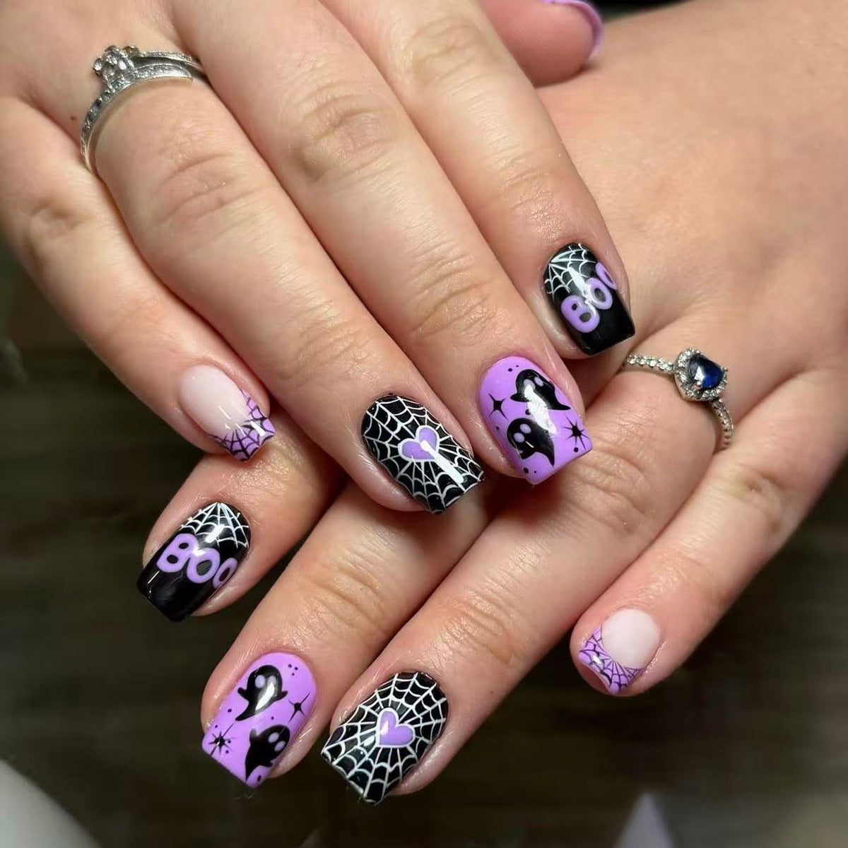 Spooky Themed Short Square Black and Purple Press on Nail Set with Ghost and Spider Web Designs