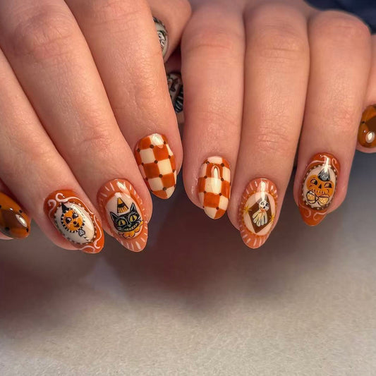 Autumn Harvest Medium Almond Orange Nails with Festive Patterns