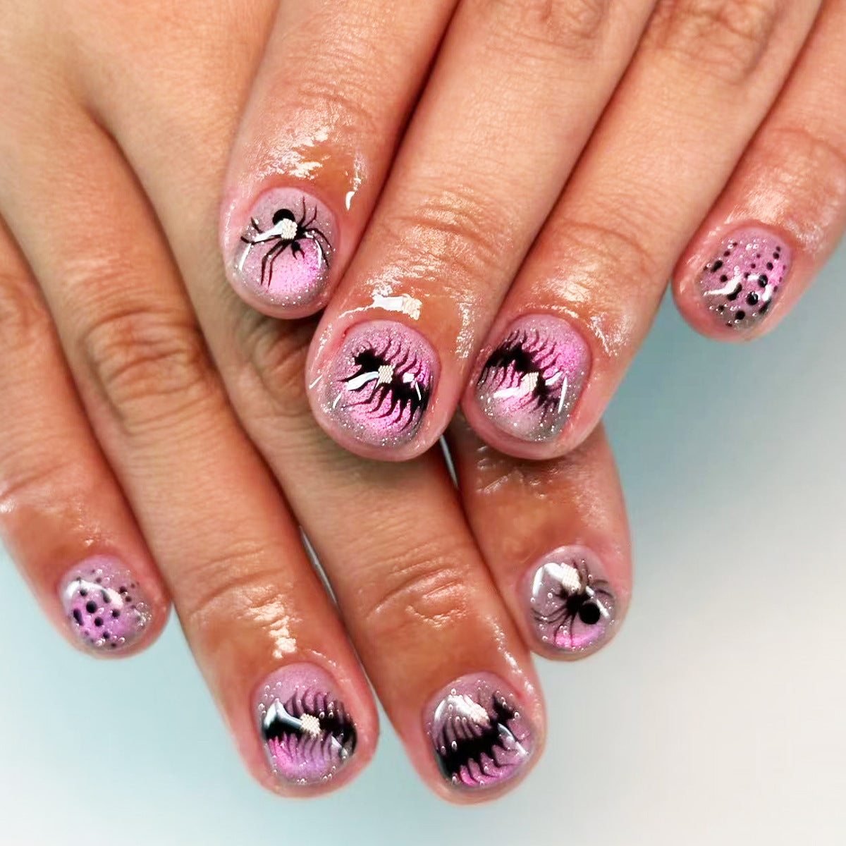 Dreamy Pink Short Round Press On Nail Set with Shimmering Marbled Design