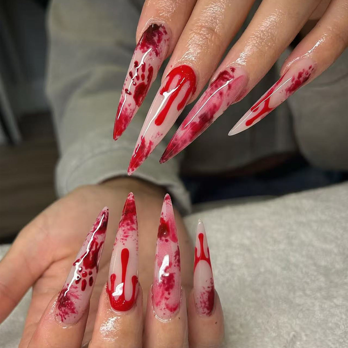 Gothic Elegance Long Almond Red Drip Press On Nail Set