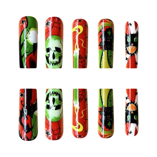 Spooky Halloween Long Square Red and Green Nail Set with Unique Graphic Designs