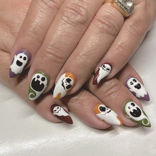 Spooky Elegance Long Stiletto Multicolor Ghost-Themed Press On Nail Set with Glossy Finish