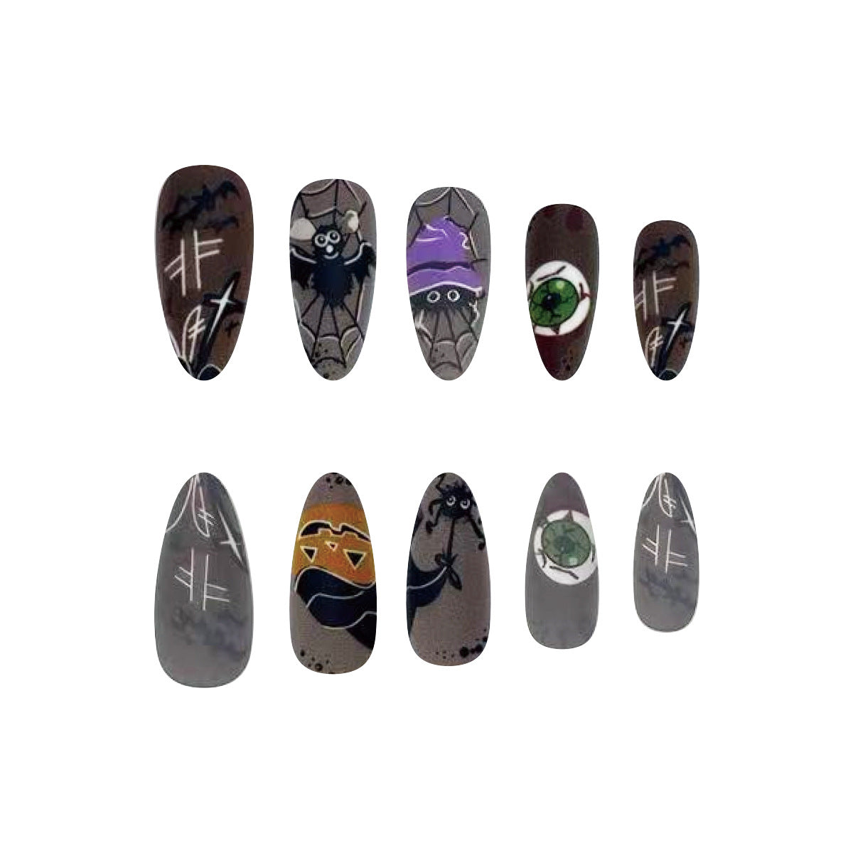 Spooky Halloween Long Oval Black Press On Nail Set with Spider, Bat, and Eye Motifs