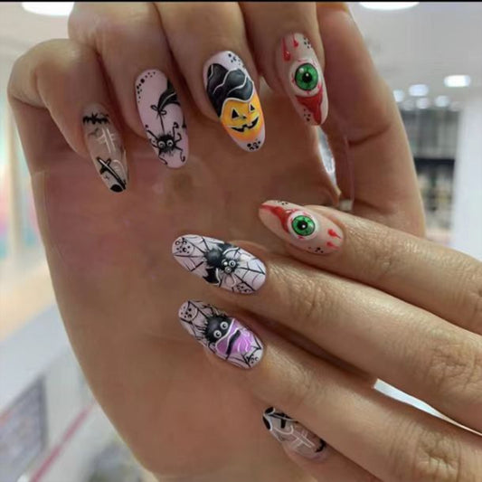 Spooky Elegance Long Oval Multicolor Halloween Themed Press On Nail Set with Artistic Horror Motifs