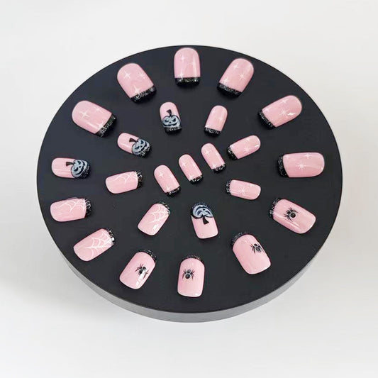 Gothic Glamour Short-Length Oval Pink Press On Nail Set with Spooky Accents