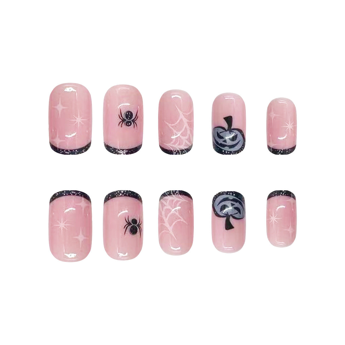 Enchanting Halloween Short-Length Oval Pink Press On Nail Set with Spooky Spider and Web Accents