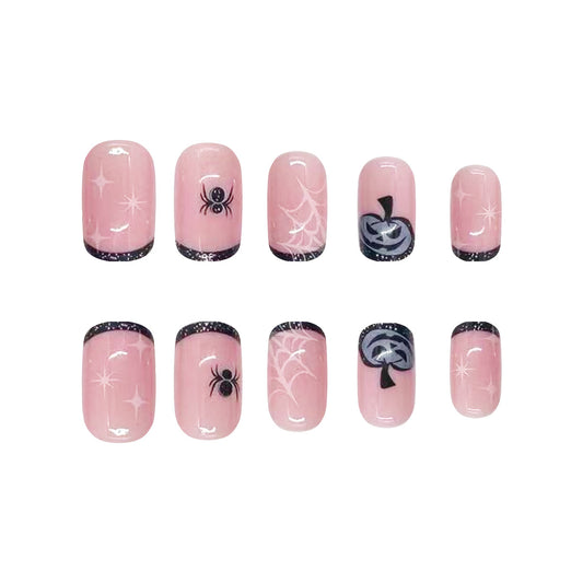 Enchanting Halloween Short-Length Oval Pink Press On Nail Set with Spooky Spider and Web Accents