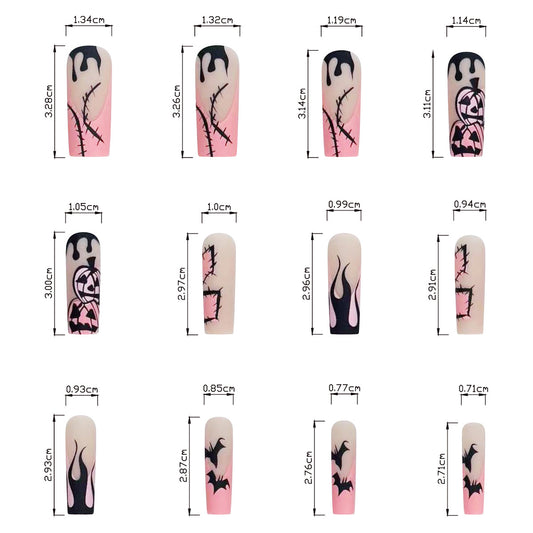 Enchanted Gothic Long Coffin Pink Press-On Nails with Black Occult-Inspired Designs