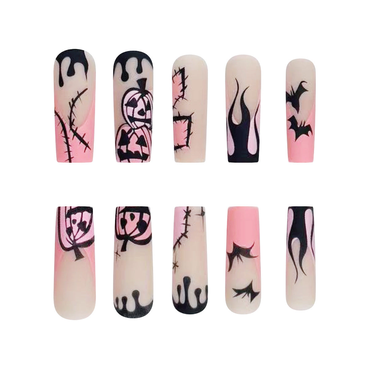 Gothic Glamour Long Coffin Pink and Black Press On Nail Set with Halloween Designs