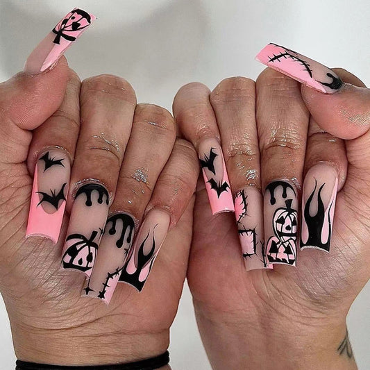 Spooky Elegance Extra-Long Coffin Pink and Black Press On Nail Set with Halloween Art Designs