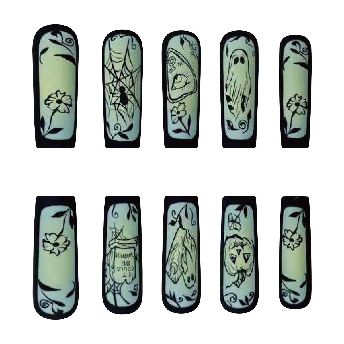 Enchanted Forest Long Coffin Black Glow-in-the-Dark Press On Nail Set with Whimsical Nature Designs