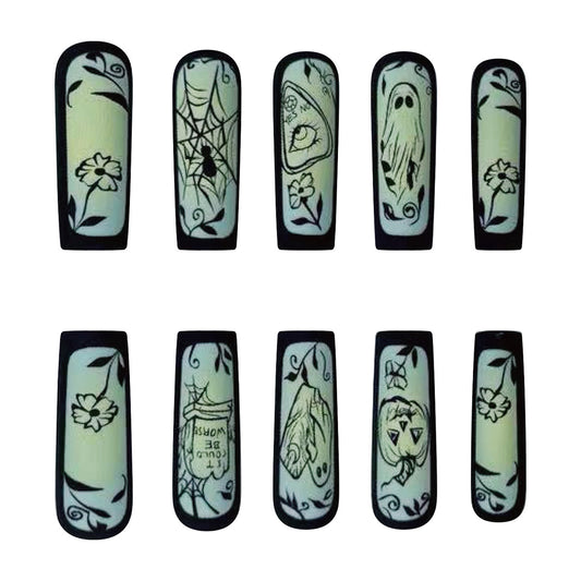 Enchanted Forest Long Coffin Black Glow-in-the-Dark Press On Nail Set with Whimsical Nature Designs